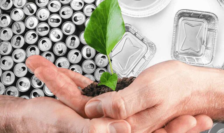 An image that shows the GTS initiative in recycling aluminum and batteries and planting tree